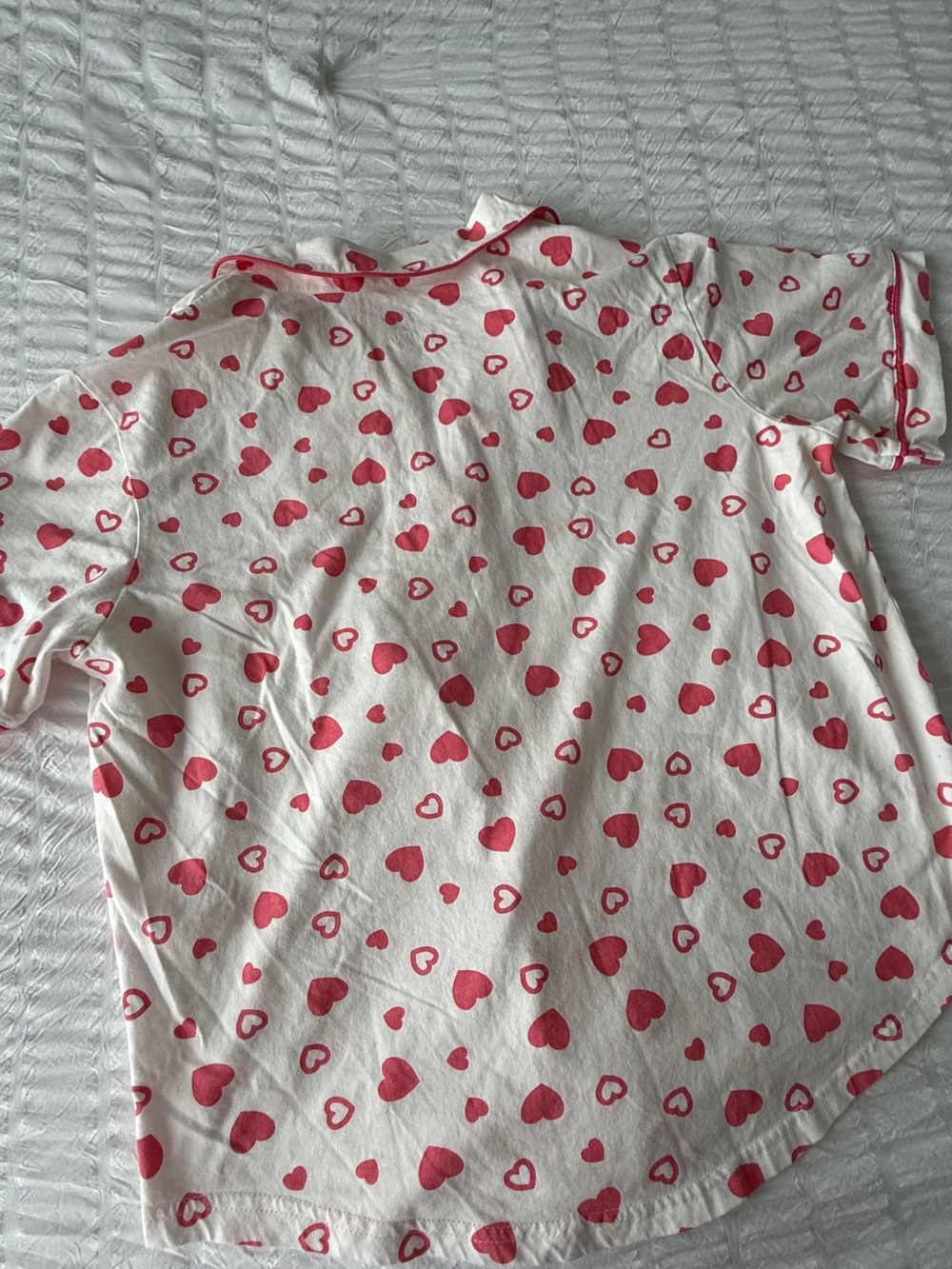 Women’s White and Pink Heart Short Pajama Set - Button-Up Top & Shorts - Picture 7 of 8
